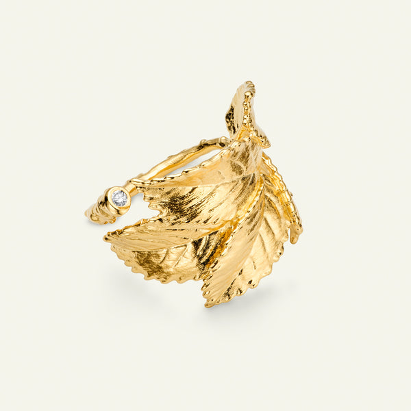 Rosenblad statement ring med diamant, forgyldt
