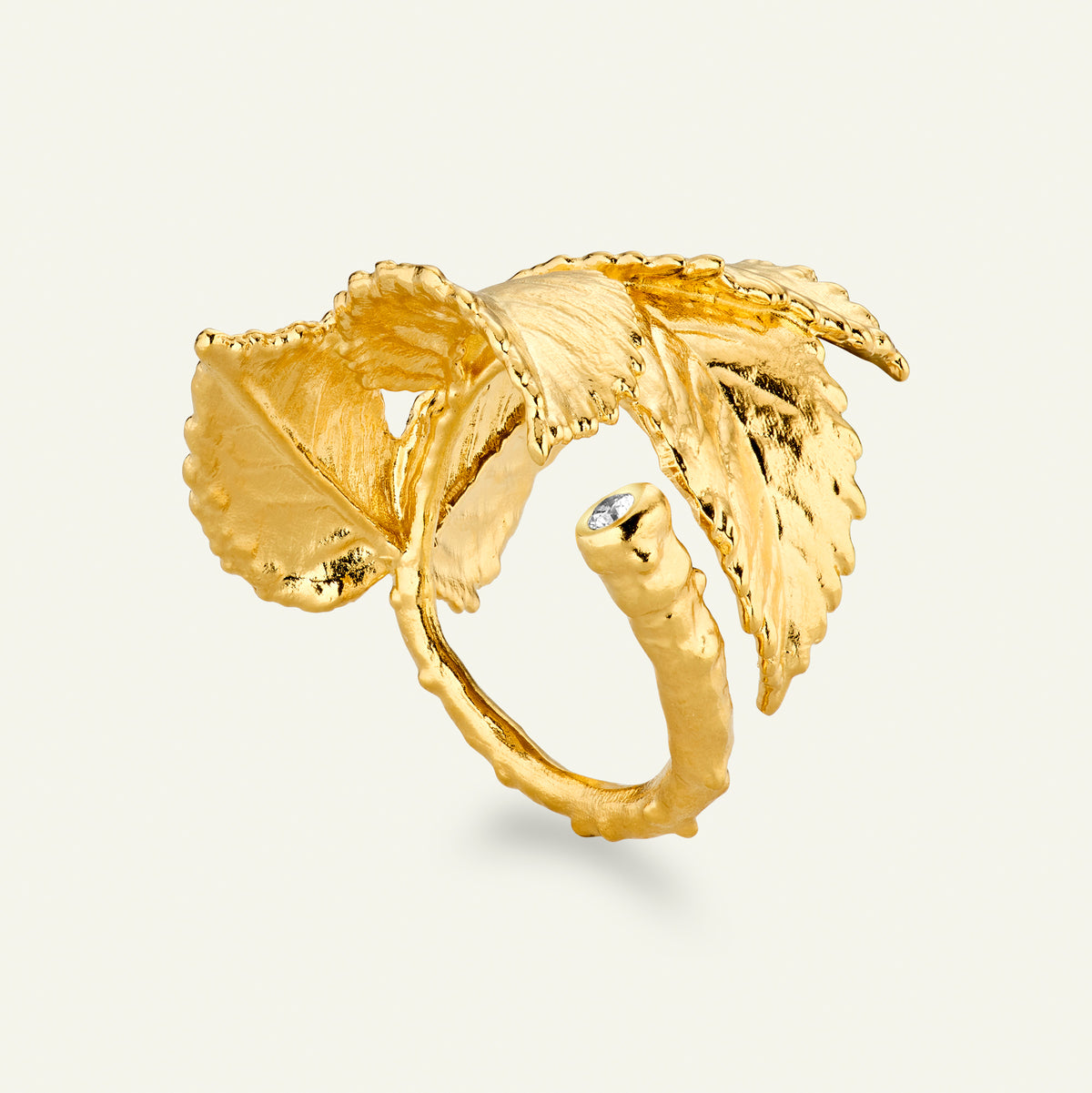 Rosenblad statement ring med diamant, forgyldt