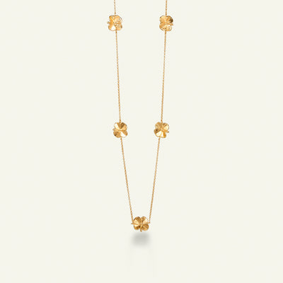 Firkløver halskæde med fem forgyldte kløvere, forgyldt