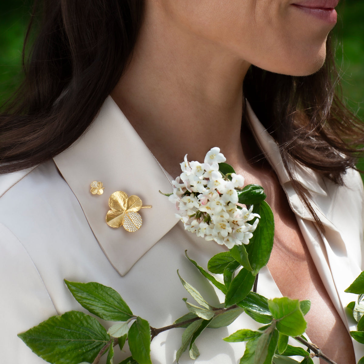 Firkløver broche pavé forgyldt